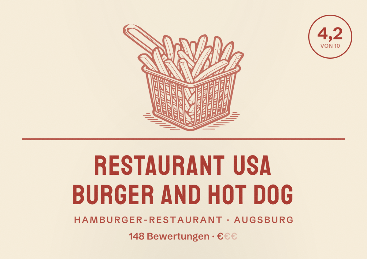 Illustriertes Poster von Restaurant USA Burger and Hot Dog, Hamburger-Restaurant in Augsburg: Bewertung 4,2 von 10 aus 148 Bewertungen, Preisniveau €