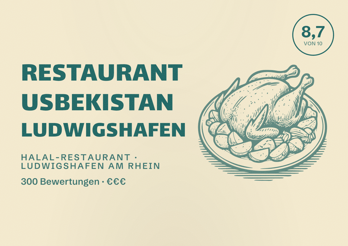 Illustriertes Poster von Restaurant Usbekistan Ludwigshafen, Halal-Restaurant in Ludwigshafen am Rhein: Bewertung 8,7 von 10 aus 300 Bewertungen, Preisniveau €€€