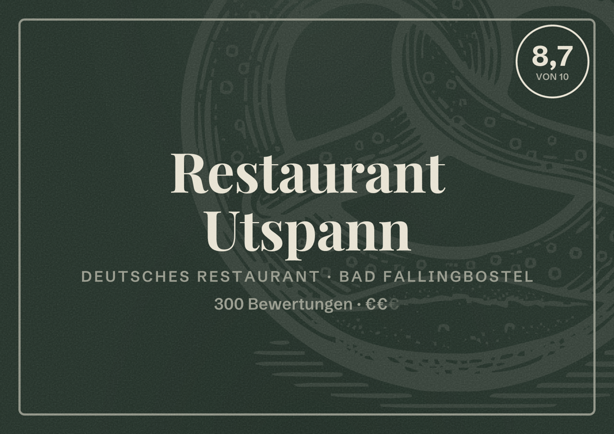 Illustriertes Poster von Restaurant Utspann, Deutsches Restaurant in Bad Fallingbostel: Bewertung 8,7 von 10 aus 300 Bewertungen, Preisniveau €€