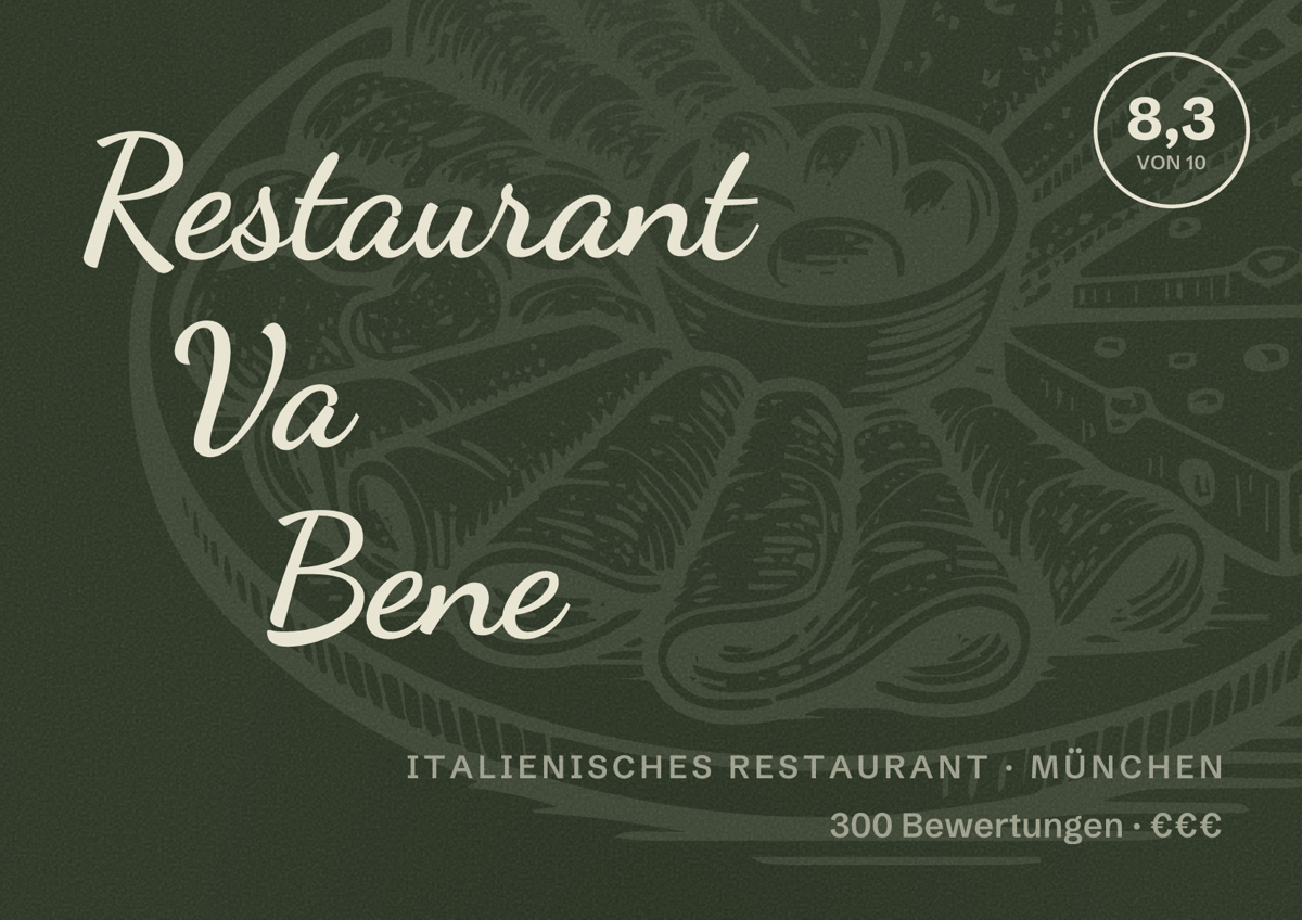 Illustriertes Poster von Restaurant Va Bene, Italienisches Restaurant in München: Bewertung 8,3 von 10 aus 300 Bewertungen, Preisniveau €€€