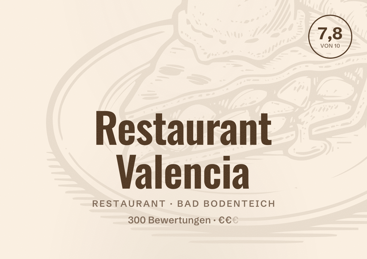 Illustriertes Poster von Restaurant Valencia, Restaurant in Bad Bodenteich: Bewertung 7,8 von 10 aus 300 Bewertungen, Preisniveau €€