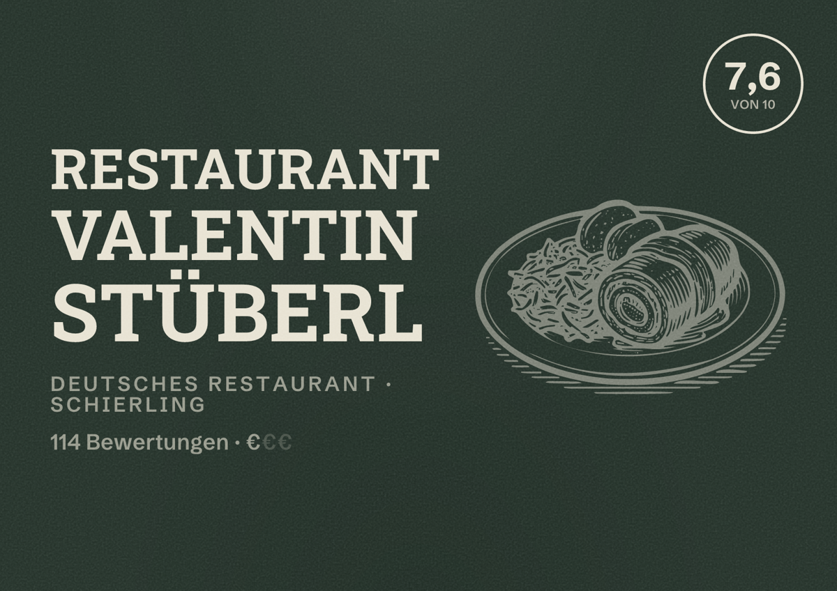 Illustriertes Poster von Restaurant Valentin Stüberl, Deutsches Restaurant in Schierling: Bewertung 7,6 von 10 aus 114 Bewertungen, Preisniveau €