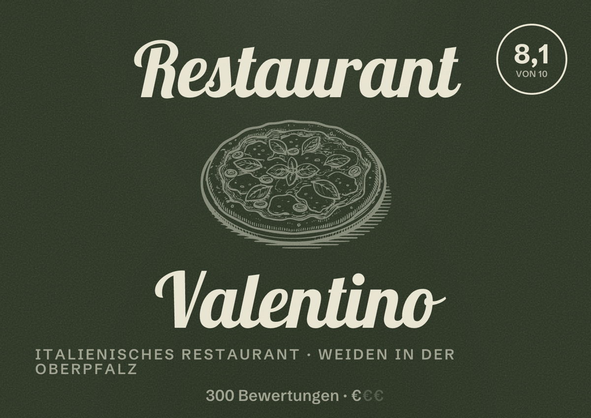 Illustriertes Poster von Restaurant Valentino, Italienisches Restaurant in Weiden in der Oberpfalz: Bewertung 8,1 von 10 aus 300 Bewertungen, Preisniveau €