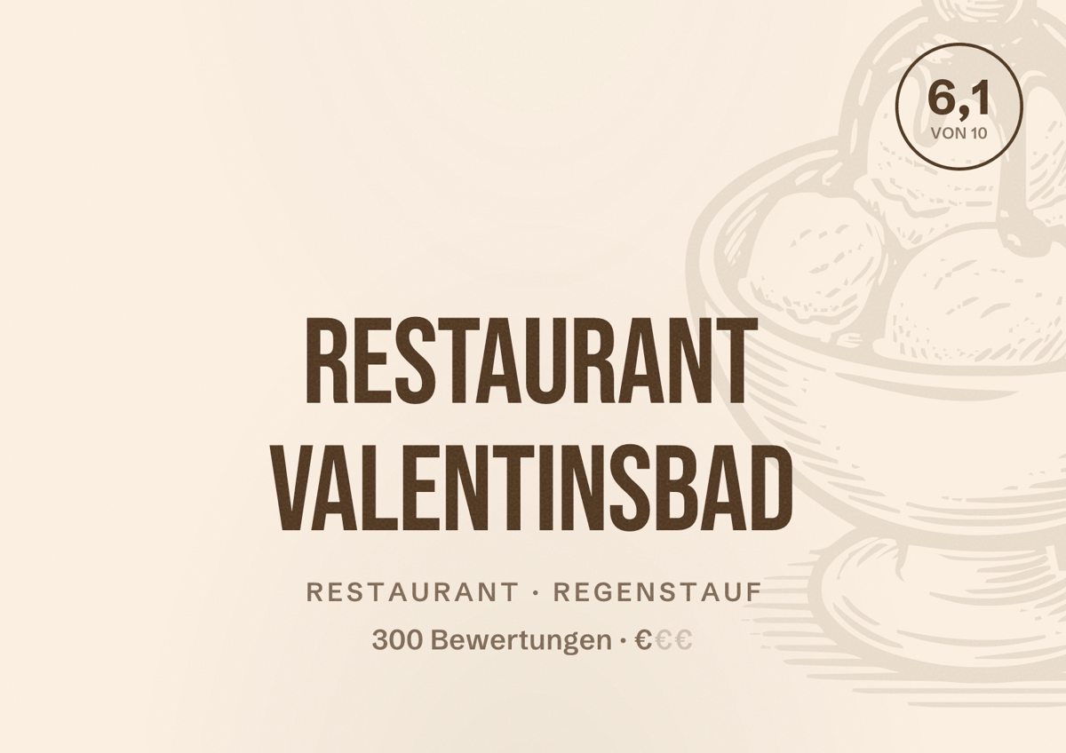 Illustriertes Poster von Restaurant Valentinsbad, Restaurant in Regenstauf: Bewertung 6,1 von 10 aus 300 Bewertungen, Preisniveau €
