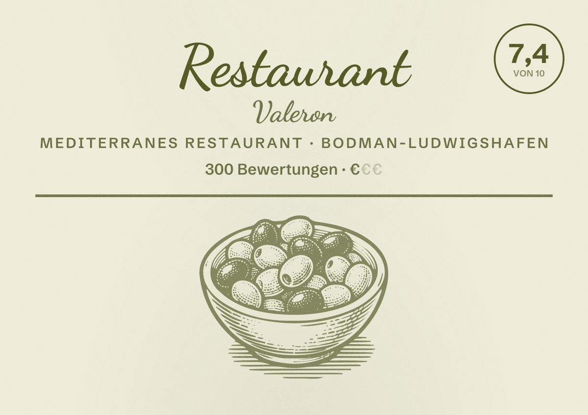 Illustriertes Poster von Restaurant Valeron, Mediterranes Restaurant in Bodman-Ludwigshafen: Bewertung 7,4 von 10 aus 300 Bewertungen, Preisniveau €