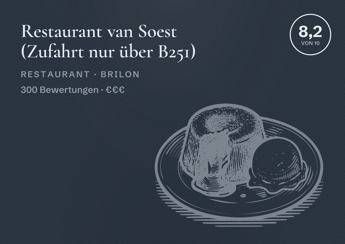 Illustriertes Poster von Restaurant van Soest (Zufahrt nur über B251), Restaurant in Brilon: Bewertung 8,2 von 10 aus 300 Bewertungen, Preisniveau €€€