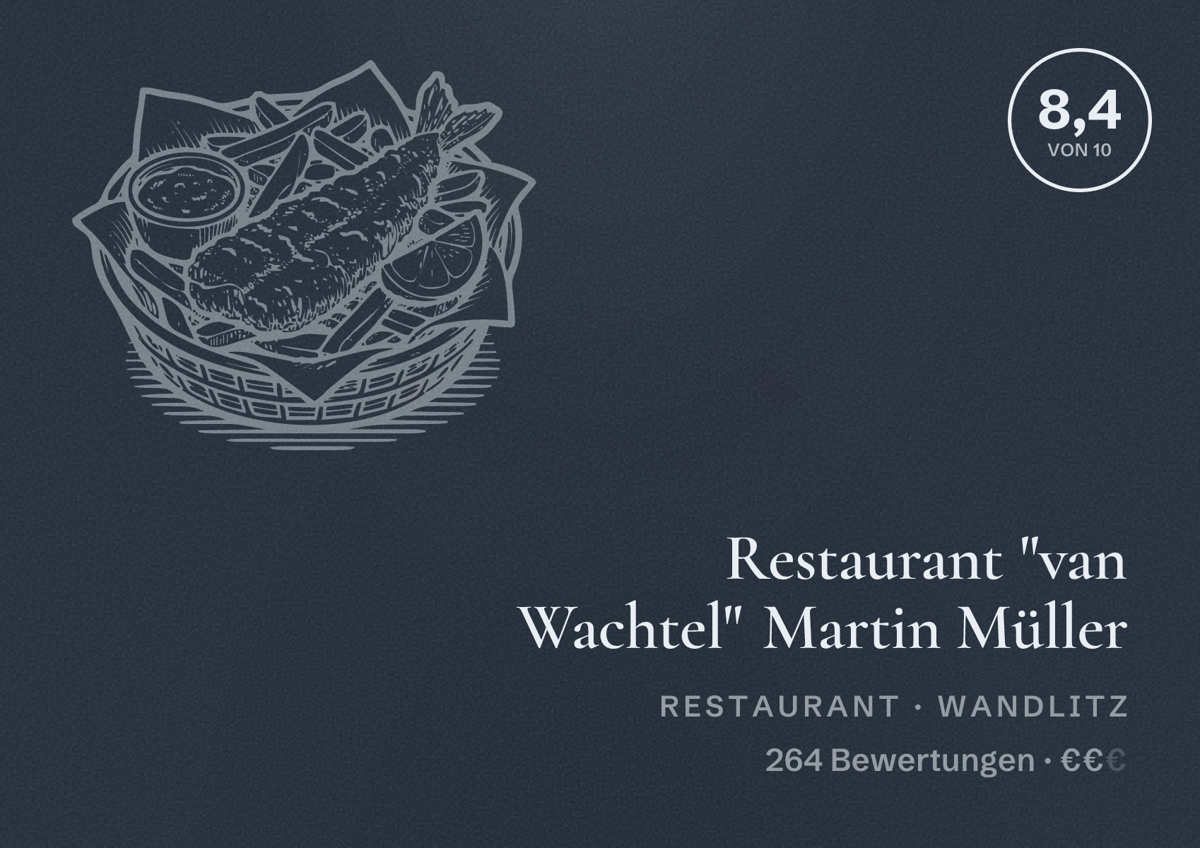 Illustriertes Poster von Restaurant "van Wachtel" Martin Müller, Restaurant in Wandlitz: Bewertung 8,4 von 10 aus 264 Bewertungen, Preisniveau €€
