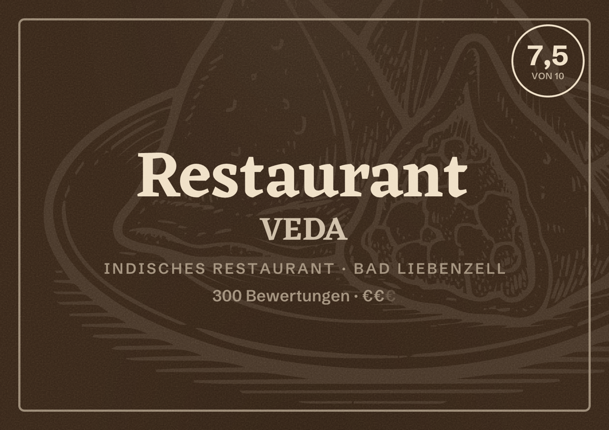 Illustriertes Poster von Restaurant VEDA, Indisches Restaurant in Bad Liebenzell: Bewertung 7,5 von 10 aus 300 Bewertungen, Preisniveau €€