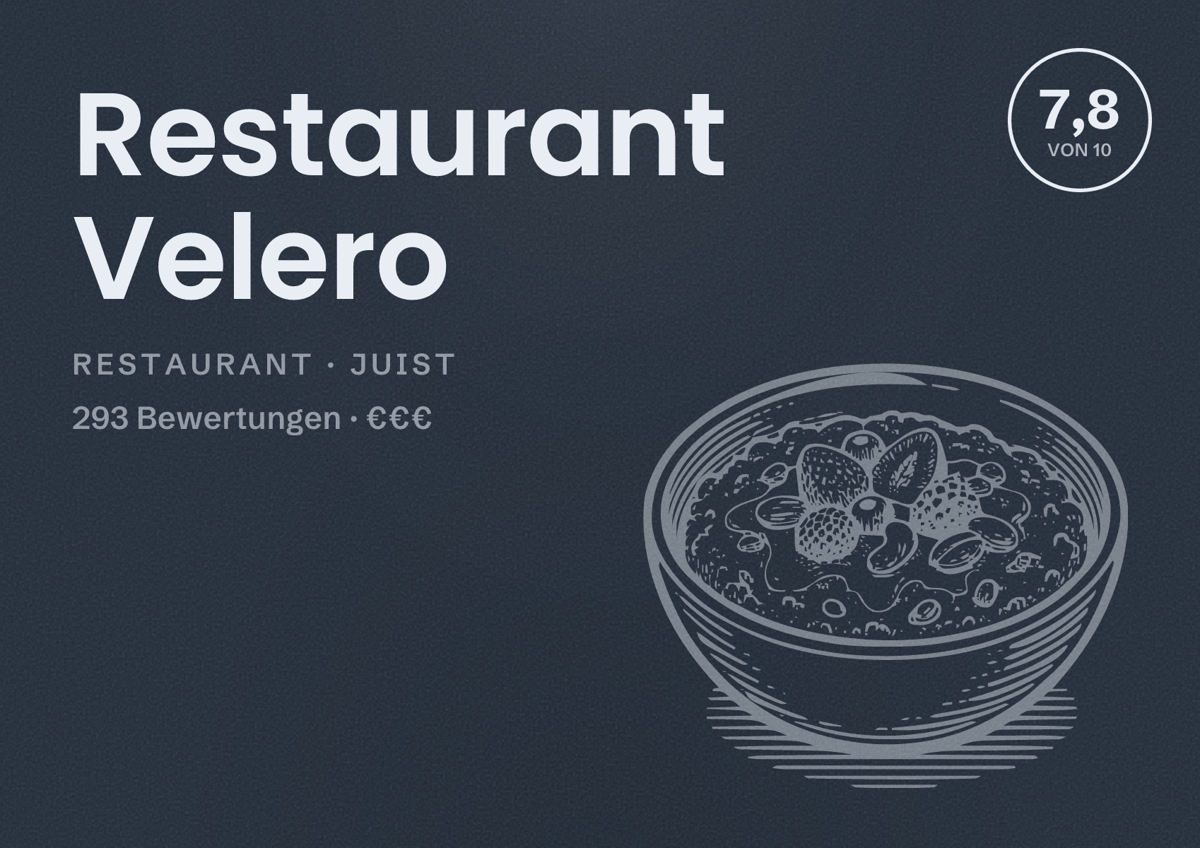 Illustriertes Poster von Restaurant Velero, Restaurant in Juist: Bewertung 7,8 von 10 aus 293 Bewertungen, Preisniveau €€€