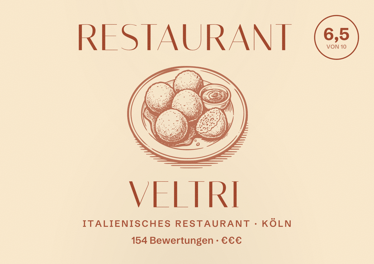 Illustriertes Poster von Restaurant Veltri, Italienisches Restaurant in Köln: Bewertung 6,5 von 10 aus 154 Bewertungen, Preisniveau €€€