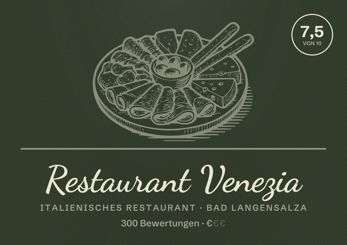 Illustriertes Poster von Restaurant Venezia, Italienisches Restaurant in Bad Langensalza: Bewertung 7,5 von 10 aus 300 Bewertungen, Preisniveau €