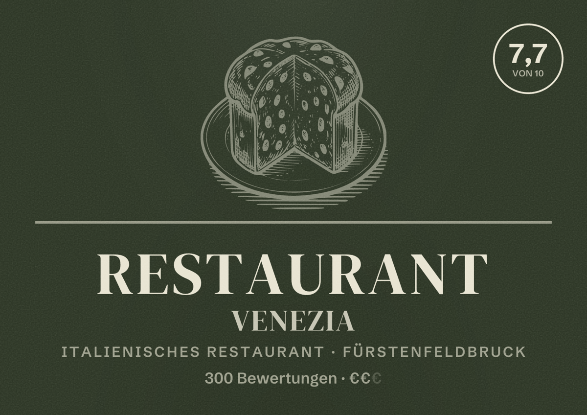 Illustriertes Poster von Restaurant Venezia, Italienisches Restaurant in Fürstenfeldbruck: Bewertung 7,7 von 10 aus 300 Bewertungen, Preisniveau €€