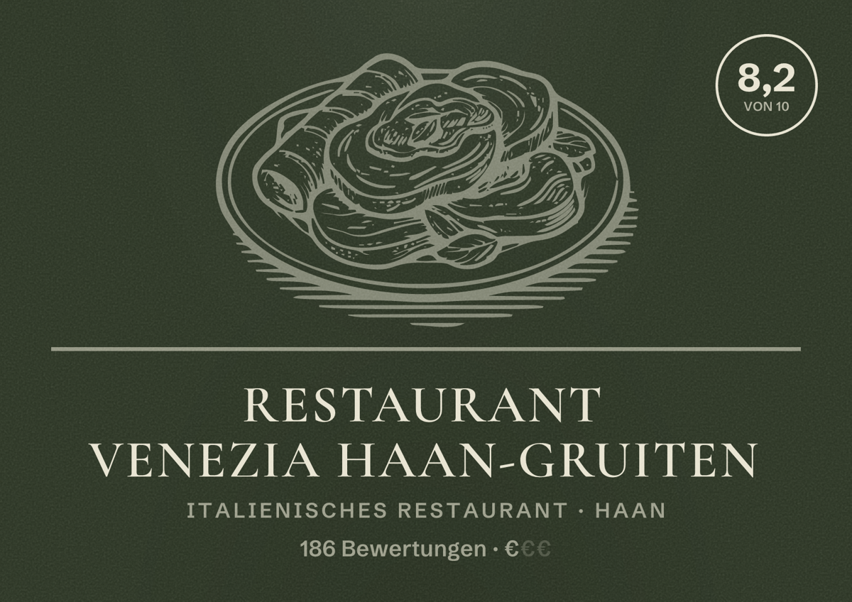 Illustriertes Poster von Restaurant Venezia Haan-Gruiten, Italienisches Restaurant in Haan: Bewertung 8,2 von 10 aus 186 Bewertungen, Preisniveau €