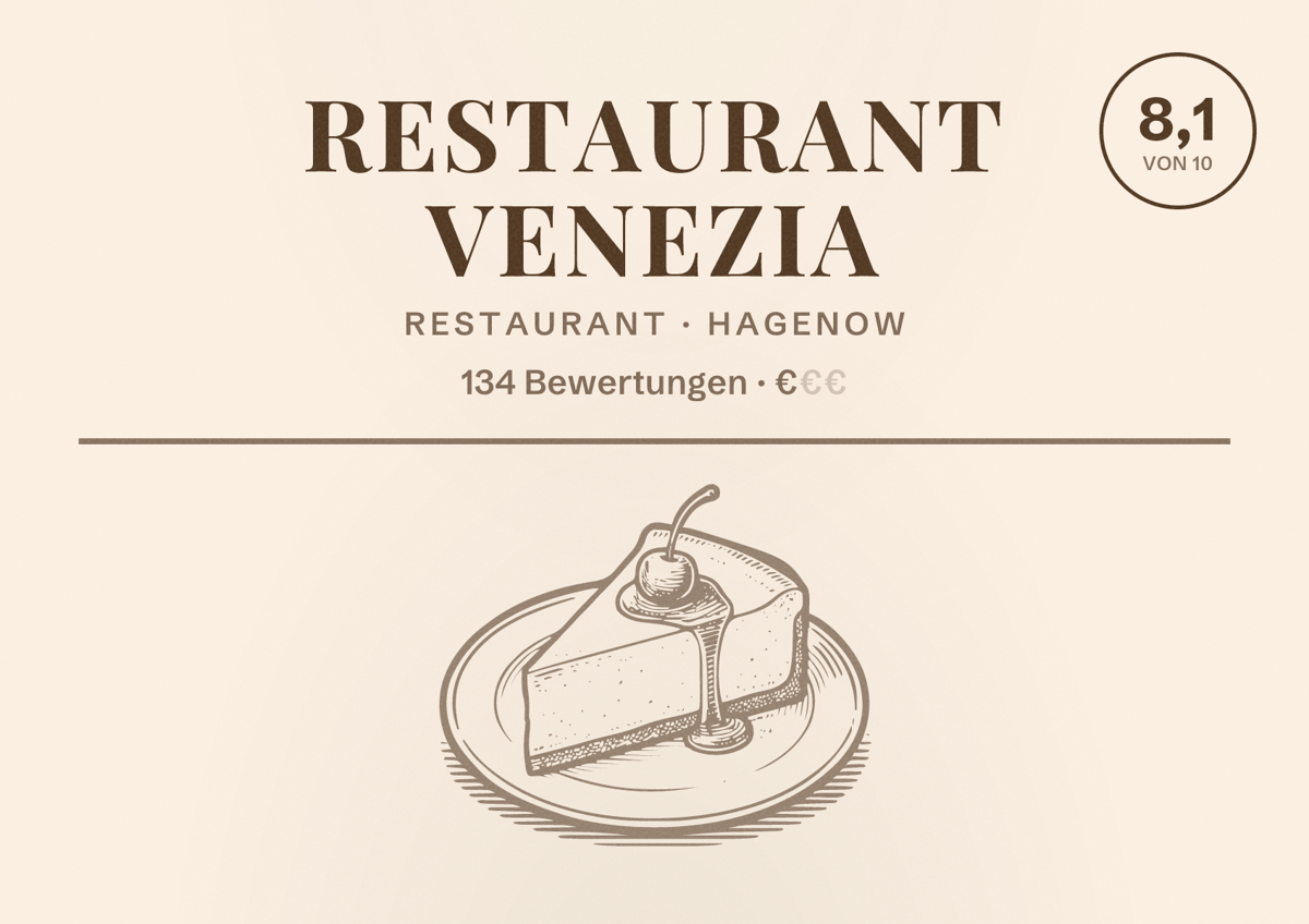 Illustriertes Poster von Restaurant Venezia, Restaurant in Hagenow: Bewertung 8,1 von 10 aus 134 Bewertungen, Preisniveau €