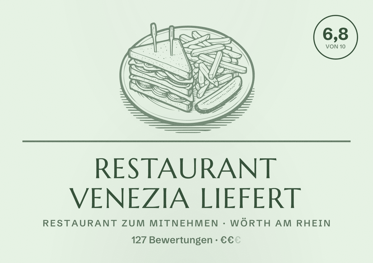 Illustriertes Poster von Restaurant Venezia Liefert, Restaurant zum Mitnehmen in Wörth am Rhein: Bewertung 6,8 von 10 aus 127 Bewertungen, Preisniveau €€