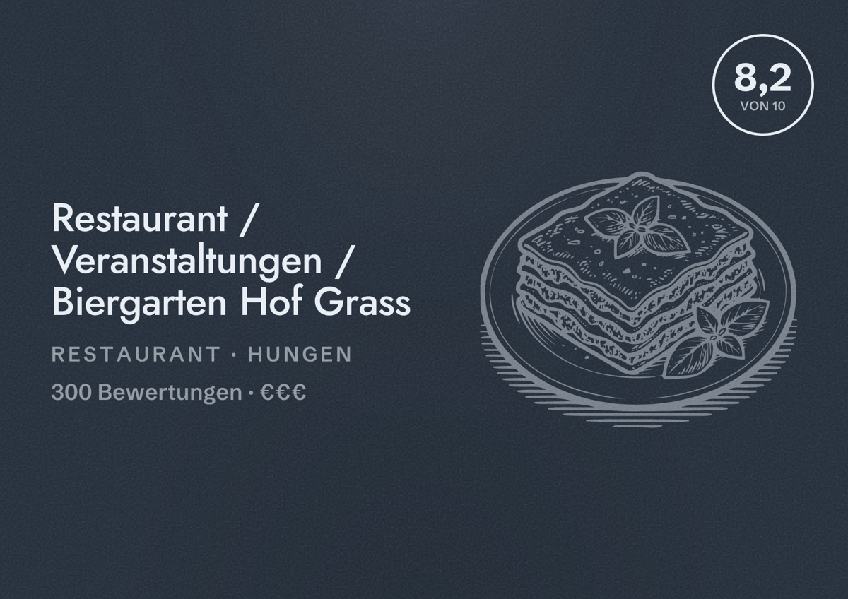 Illustriertes Poster von Restaurant / Veranstaltungen / Biergarten Hof Grass, Restaurant in Hungen: Bewertung 8,2 von 10 aus 300 Bewertungen, Preisniveau €€€