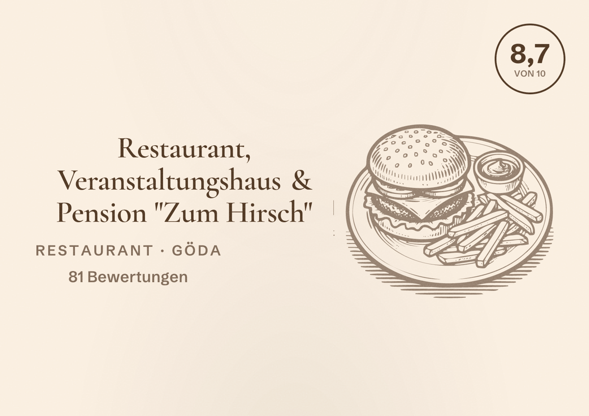 Illustriertes Poster von Restaurant, Veranstaltungshaus & Pension "Zum Hirsch", Restaurant in Göda: Bewertung 8,7 von 10 aus 81 Bewertungen