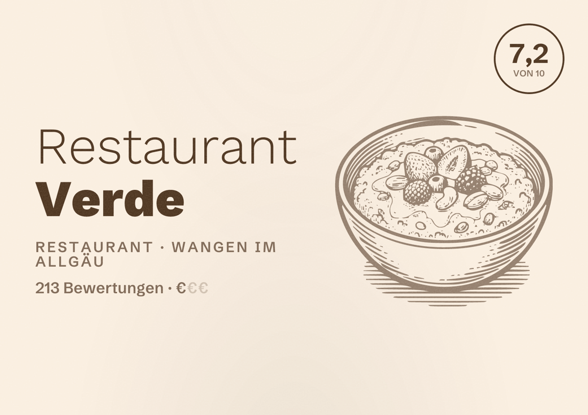 Illustriertes Poster von Restaurant Verde, Restaurant in Wangen im Allgäu: Bewertung 7,2 von 10 aus 213 Bewertungen, Preisniveau €