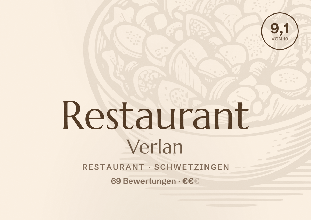 Illustriertes Poster von Restaurant Verlan, Restaurant in Schwetzingen: Bewertung 9,1 von 10 aus 69 Bewertungen, Preisniveau €€