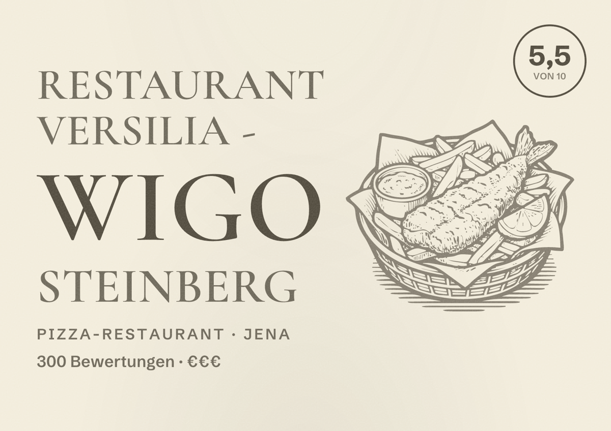 Illustriertes Poster von Restaurant Versilia - Wigo Steinberg, Pizza-Restaurant in Jena: Bewertung 5,5 von 10 aus 300 Bewertungen, Preisniveau €€€