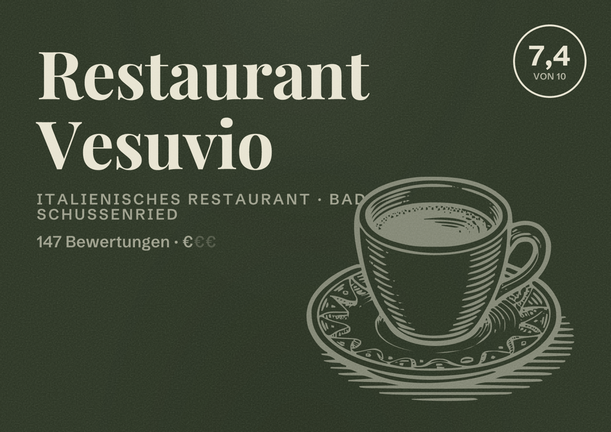 Illustriertes Poster von Restaurant Vesuvio, Italienisches Restaurant in Bad Schussenried: Bewertung 7,4 von 10 aus 147 Bewertungen, Preisniveau €