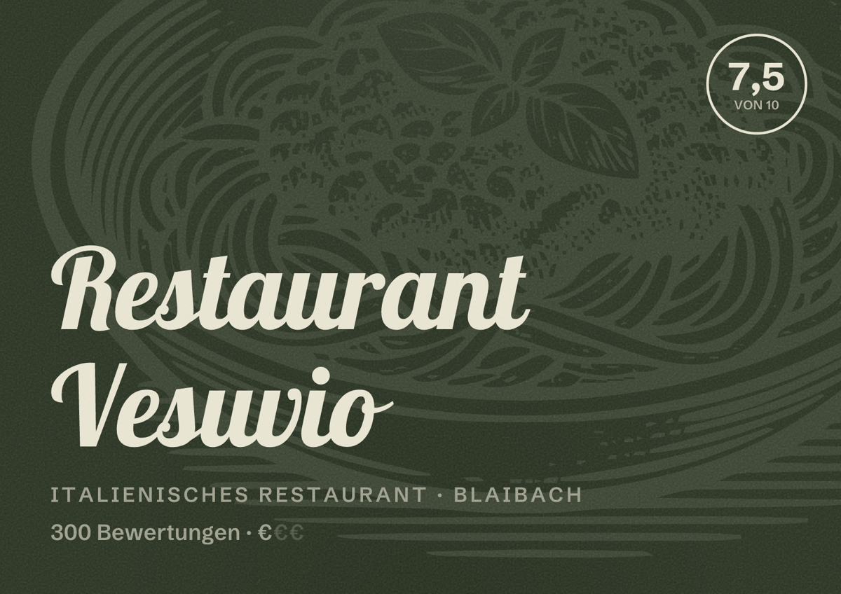 Illustriertes Poster von Restaurant Vesuvio, Italienisches Restaurant in Blaibach: Bewertung 7,5 von 10 aus 300 Bewertungen, Preisniveau €