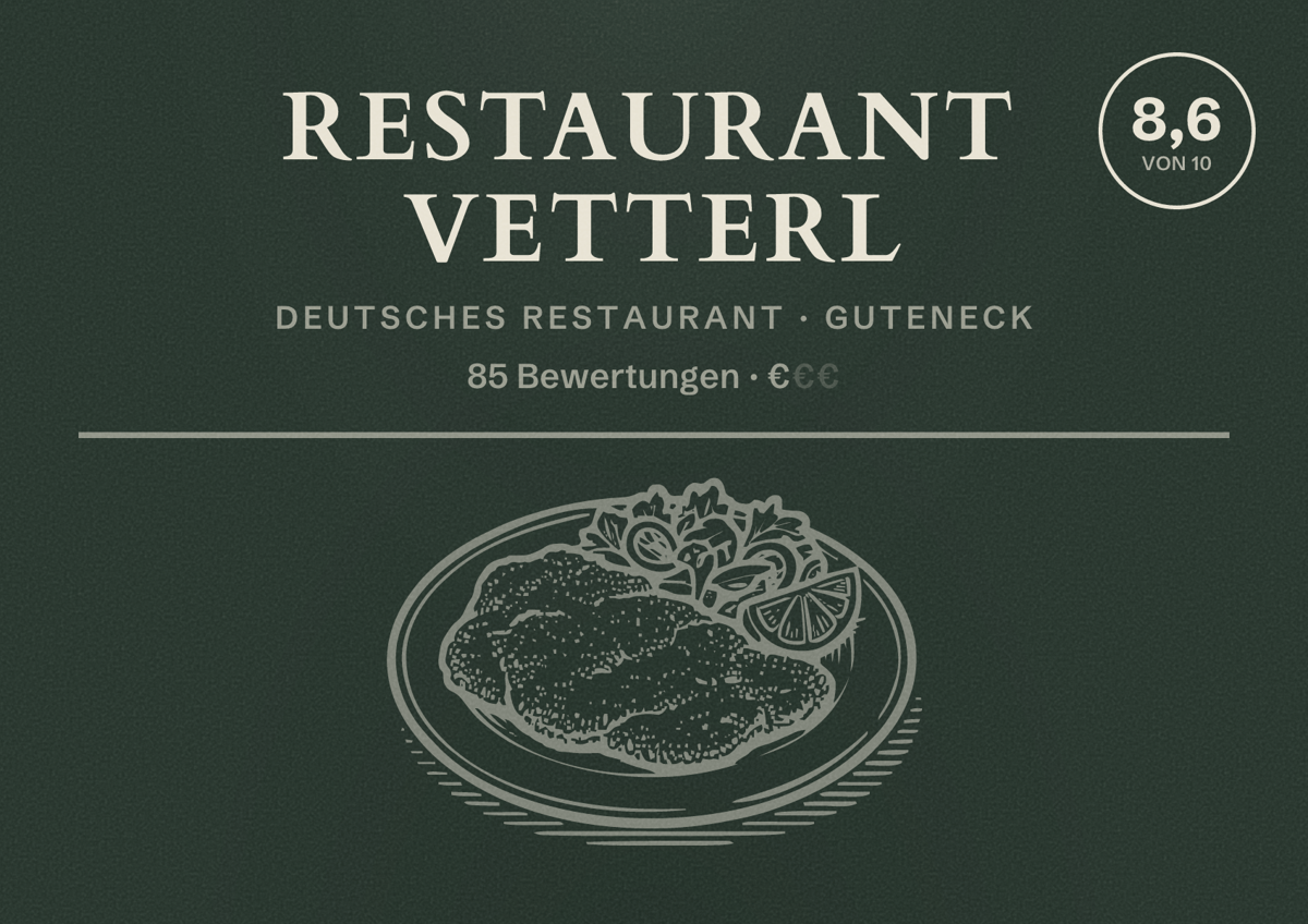Illustriertes Poster von Restaurant Vetterl, Deutsches Restaurant in Guteneck: Bewertung 8,6 von 10 aus 85 Bewertungen, Preisniveau €