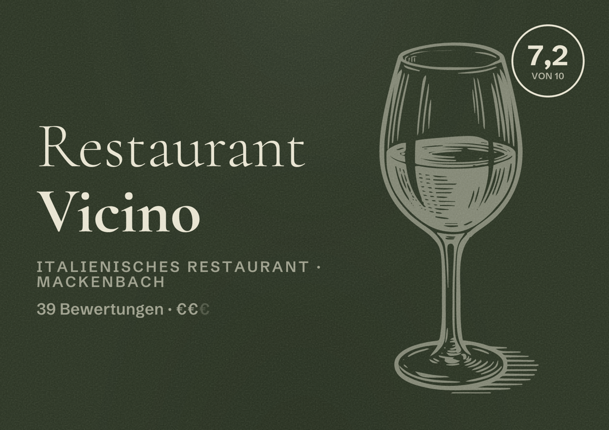 Illustriertes Poster von Restaurant Vicino, Italienisches Restaurant in Mackenbach: Bewertung 7,2 von 10 aus 39 Bewertungen, Preisniveau €€