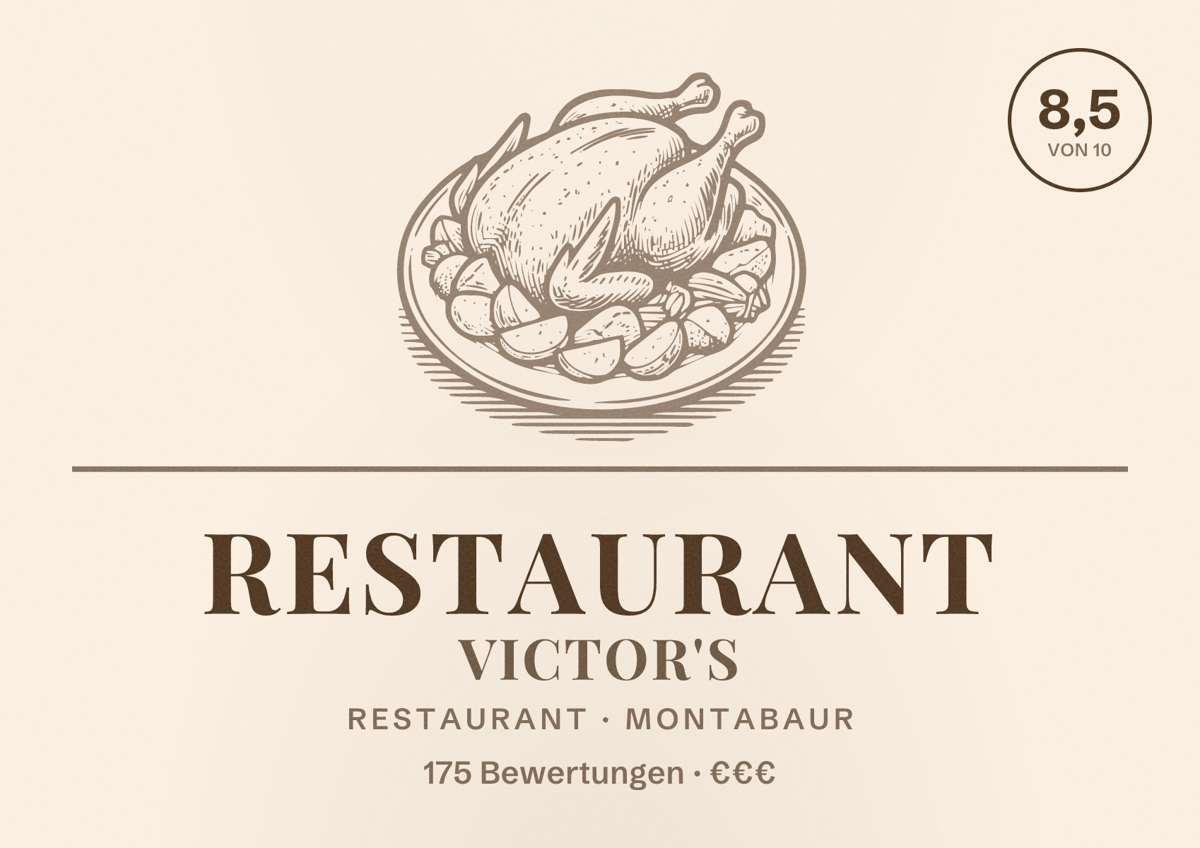 Illustriertes Poster von Restaurant Victor's, Restaurant in Montabaur: Bewertung 8,5 von 10 aus 175 Bewertungen, Preisniveau €€€