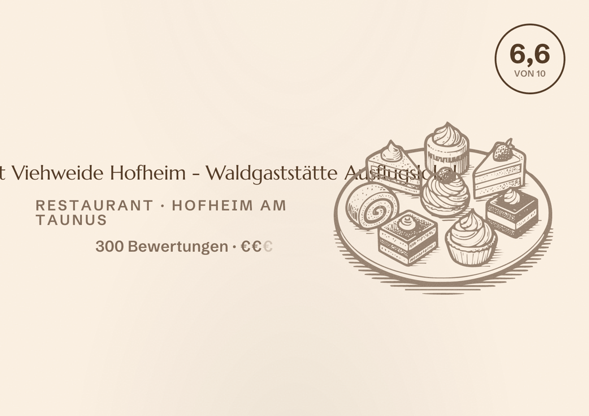Illustriertes Poster von Restaurant Viehweide Hofheim - Waldgaststätte Ausflugslokal, Restaurant in Hofheim am Taunus: Bewertung 6,6 von 10 aus 300 Bewertungen, Preisniveau €€