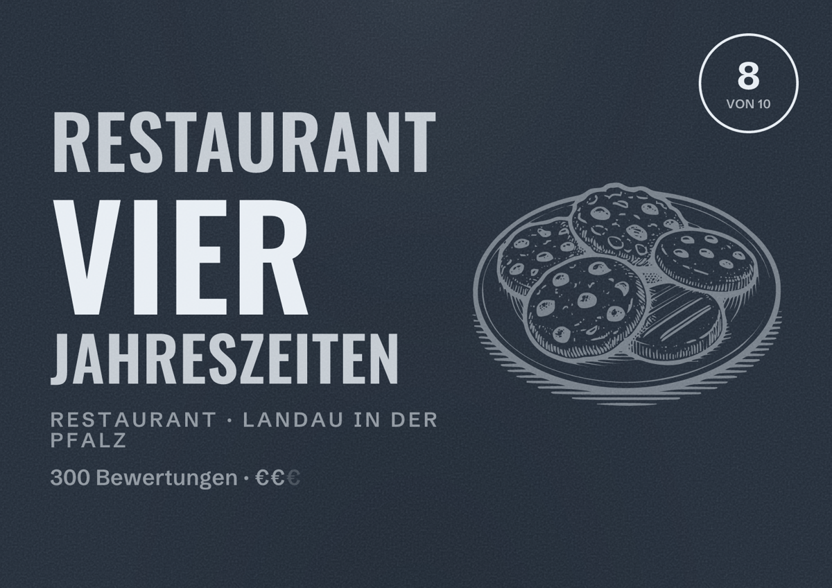 Illustriertes Poster von Restaurant Vier Jahreszeiten, Restaurant in Landau in der Pfalz: Bewertung 8 von 10 aus 300 Bewertungen, Preisniveau €€