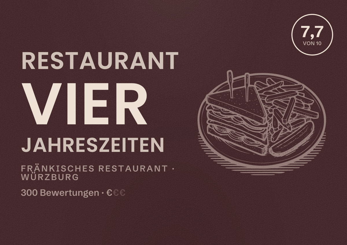 Illustriertes Poster von Restaurant Vier Jahreszeiten, Fränkisches Restaurant in Würzburg: Bewertung 7,7 von 10 aus 300 Bewertungen, Preisniveau €