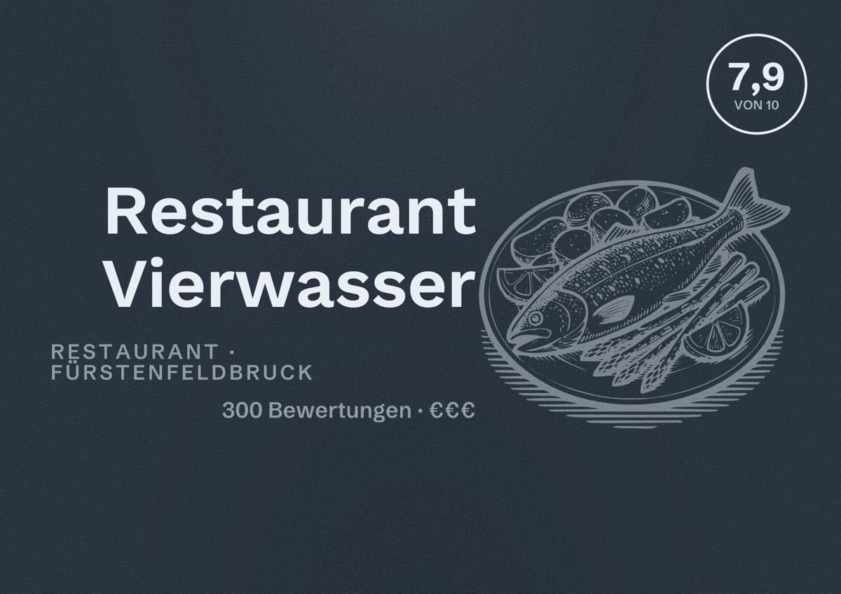 Illustriertes Poster von Restaurant Vierwasser, Restaurant in Fürstenfeldbruck: Bewertung 7,9 von 10 aus 300 Bewertungen, Preisniveau €€€