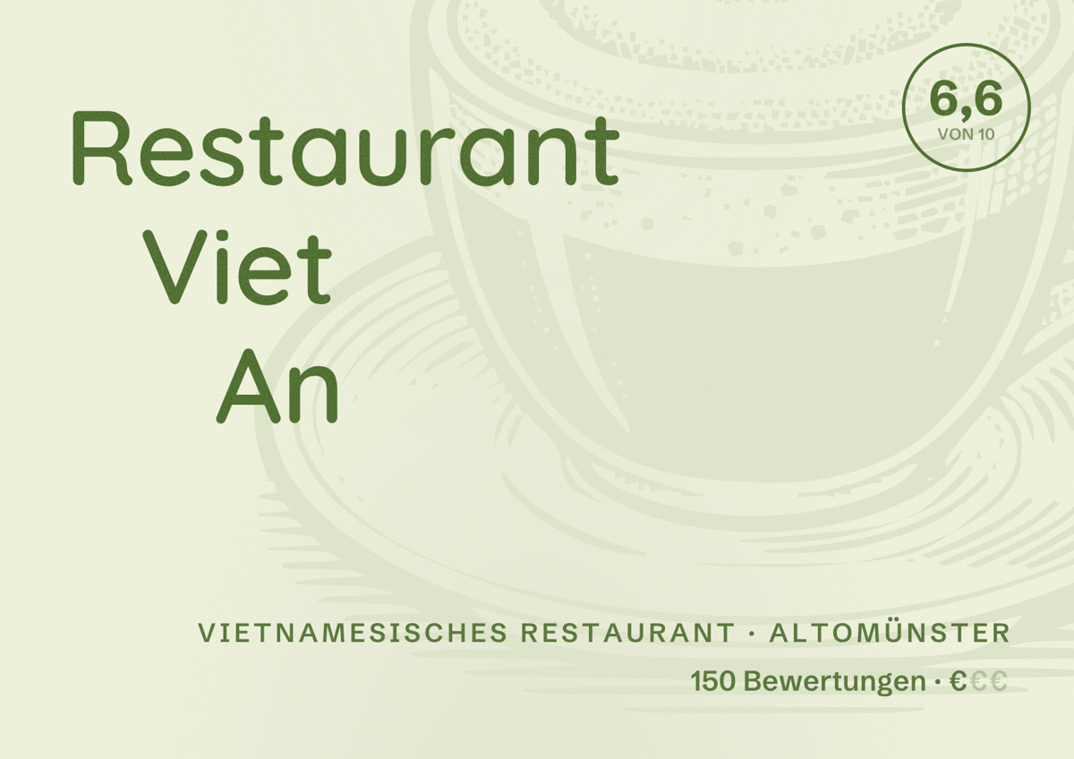 Illustriertes Poster von Restaurant Viet An, Vietnamesisches Restaurant in Altomünster: Bewertung 6,6 von 10 aus 150 Bewertungen, Preisniveau €