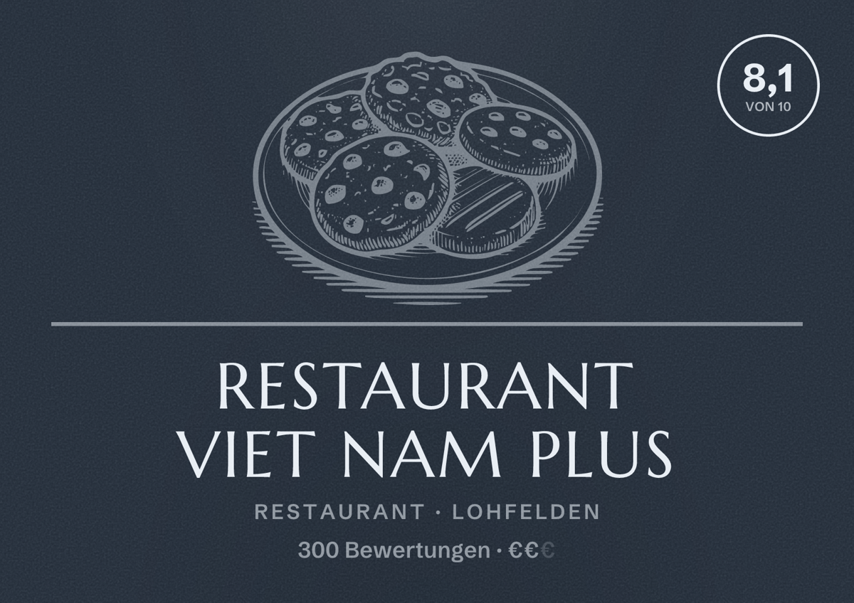 Illustriertes Poster von Restaurant Viet Nam PLUS, Restaurant in Lohfelden: Bewertung 8,1 von 10 aus 300 Bewertungen, Preisniveau €€