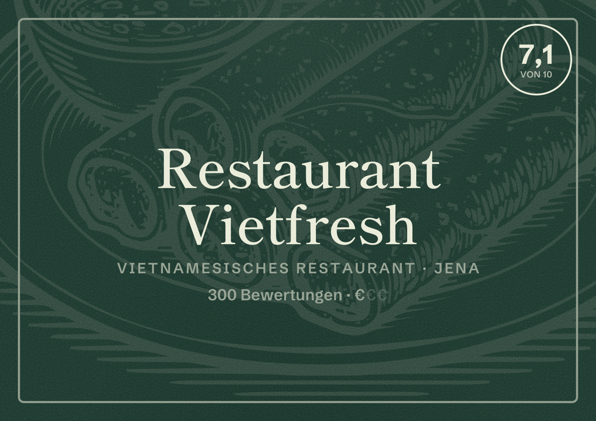 Illustriertes Poster von Restaurant Vietfresh, Vietnamesisches Restaurant in Jena: Bewertung 7,1 von 10 aus 300 Bewertungen, Preisniveau €