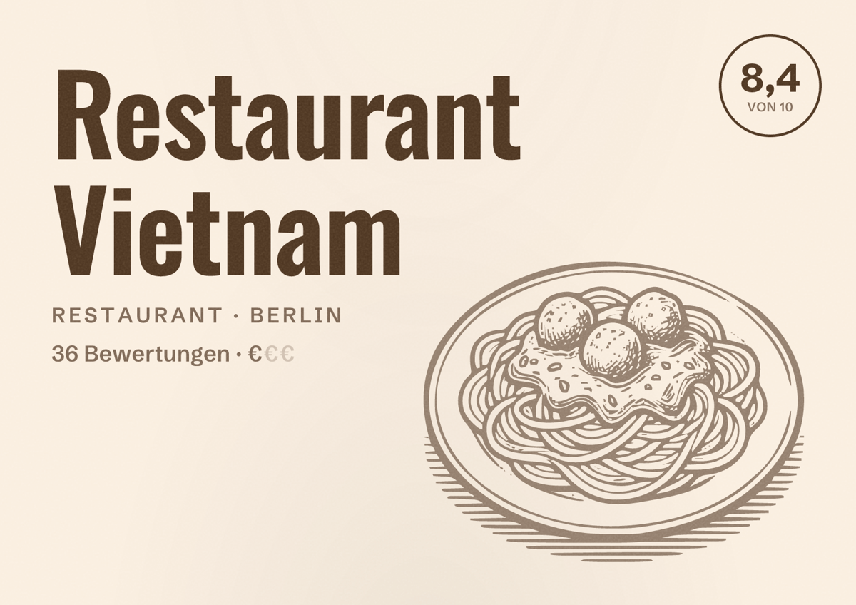 Illustriertes Poster von Restaurant Vietnam, Restaurant in Berlin: Bewertung 8,4 von 10 aus 36 Bewertungen, Preisniveau €