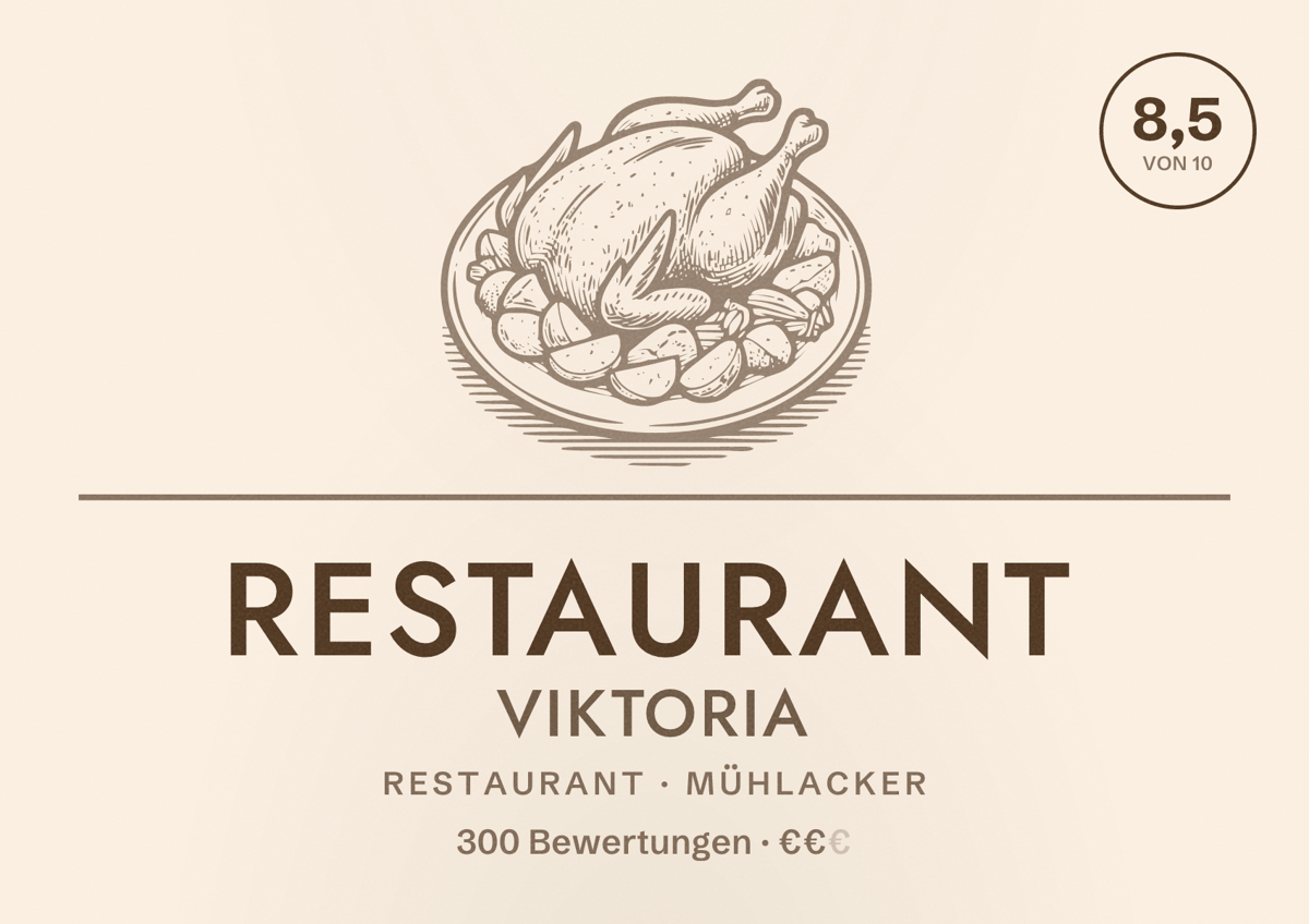Illustriertes Poster von Restaurant Viktoria, Restaurant in Mühlacker: Bewertung 8,5 von 10 aus 300 Bewertungen, Preisniveau €€