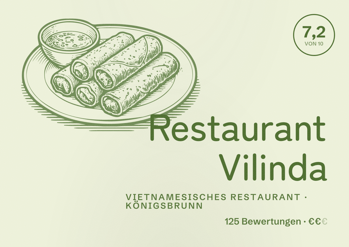 Illustriertes Poster von Restaurant Vilinda, Vietnamesisches Restaurant in Königsbrunn: Bewertung 7,2 von 10 aus 125 Bewertungen, Preisniveau €€