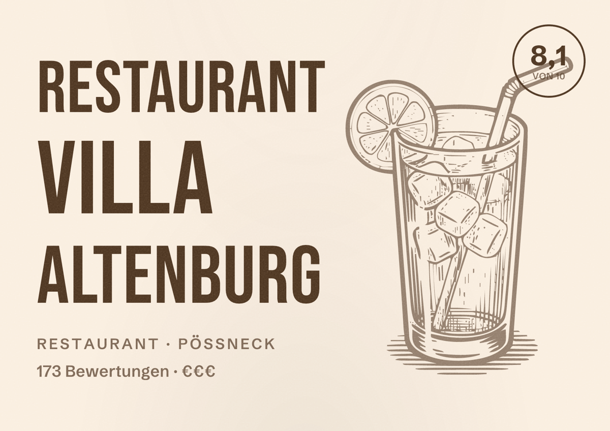 Illustriertes Poster von Restaurant Villa Altenburg, Restaurant in Pößneck: Bewertung 8,1 von 10 aus 173 Bewertungen, Preisniveau €€€