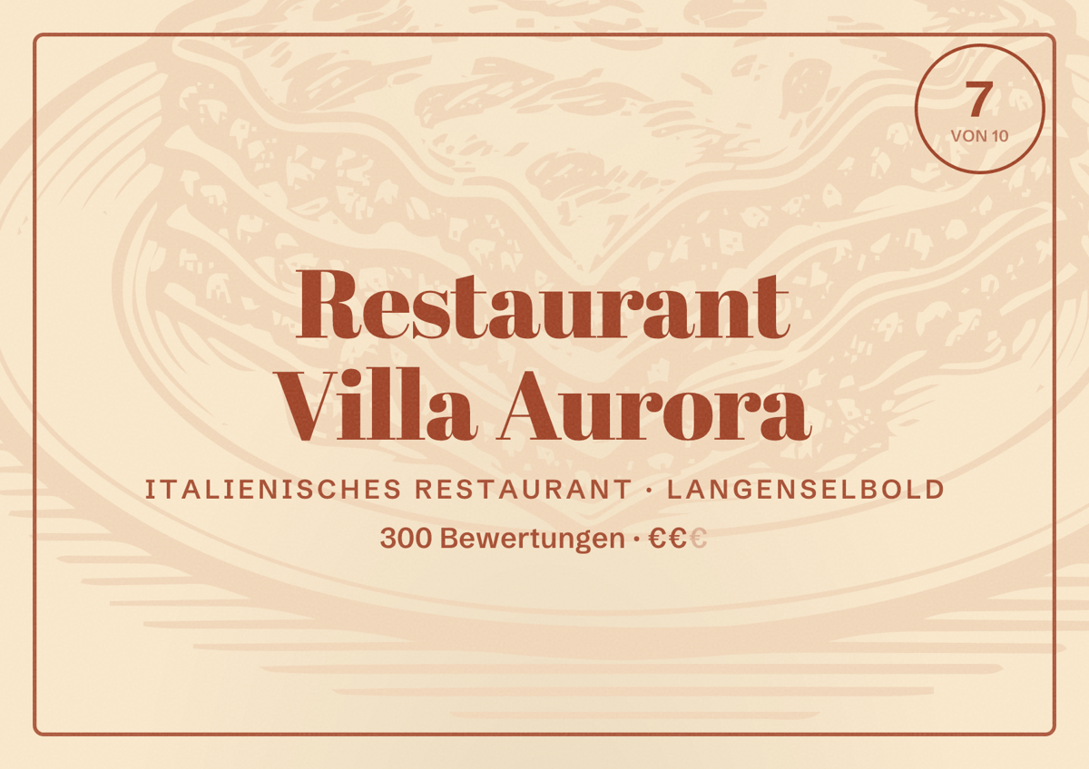 Illustriertes Poster von Restaurant Villa Aurora, Italienisches Restaurant in Langenselbold: Bewertung 7 von 10 aus 300 Bewertungen, Preisniveau €€