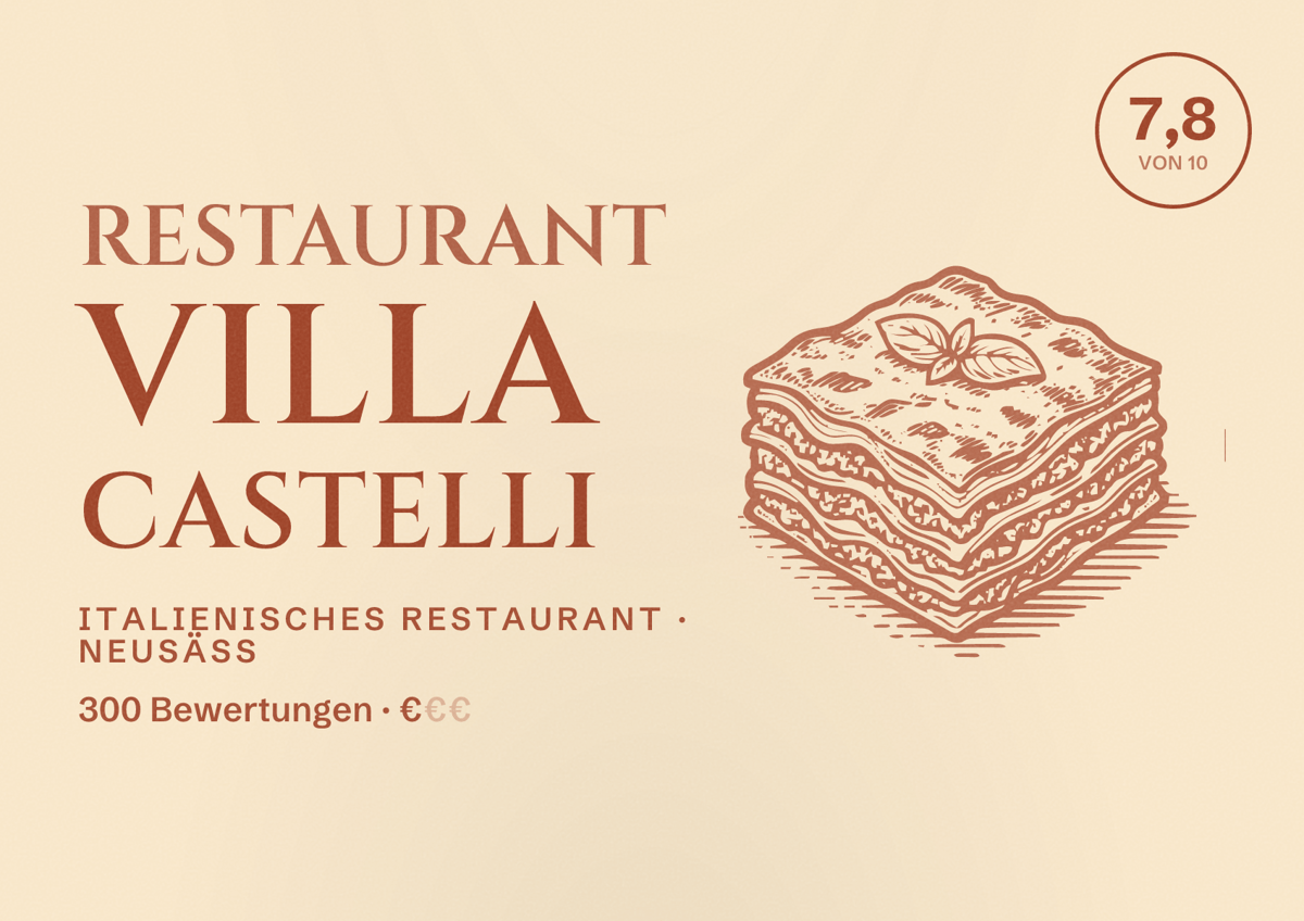 Illustriertes Poster von Restaurant Villa Castelli, Italienisches Restaurant in Neusäß: Bewertung 7,8 von 10 aus 300 Bewertungen, Preisniveau €
