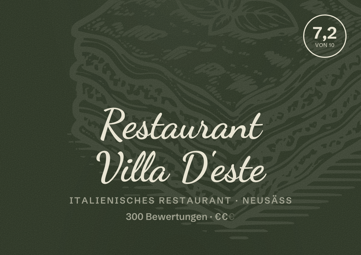 Illustriertes Poster von Restaurant Villa D'este, Italienisches Restaurant in Neusäß: Bewertung 7,2 von 10 aus 300 Bewertungen, Preisniveau €€