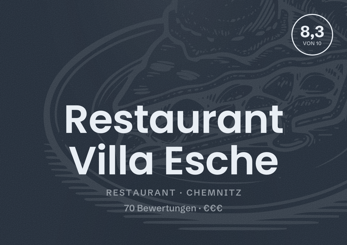 Illustriertes Poster von Restaurant Villa Esche, Restaurant in Chemnitz: Bewertung 8,3 von 10 aus 70 Bewertungen, Preisniveau €€€