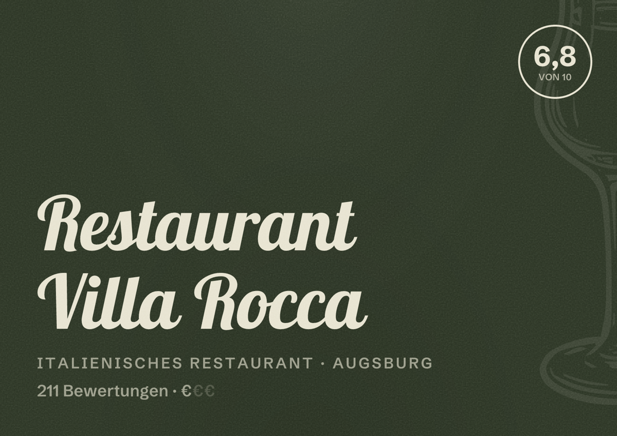 Illustriertes Poster von Restaurant Villa Rocca, Italienisches Restaurant in Augsburg: Bewertung 6,8 von 10 aus 211 Bewertungen, Preisniveau €