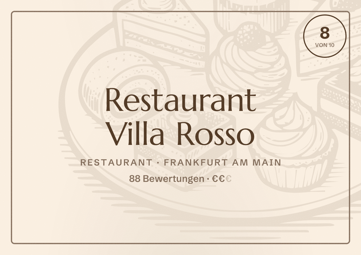 Illustriertes Poster von Restaurant Villa Rosso, Restaurant in Frankfurt am Main: Bewertung 8 von 10 aus 88 Bewertungen, Preisniveau €€