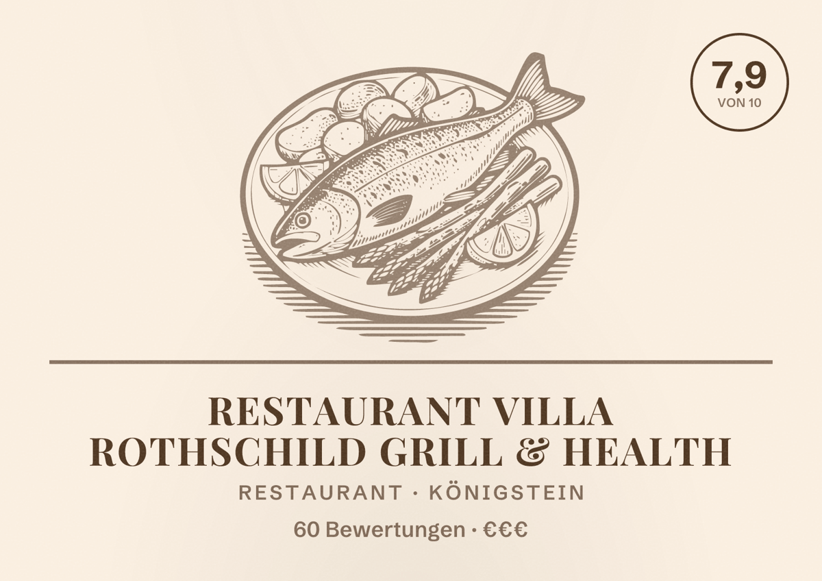 Illustriertes Poster von Restaurant Villa Rothschild Grill & Health, Restaurant in Königstein: Bewertung 7,9 von 10 aus 60 Bewertungen, Preisniveau €€€