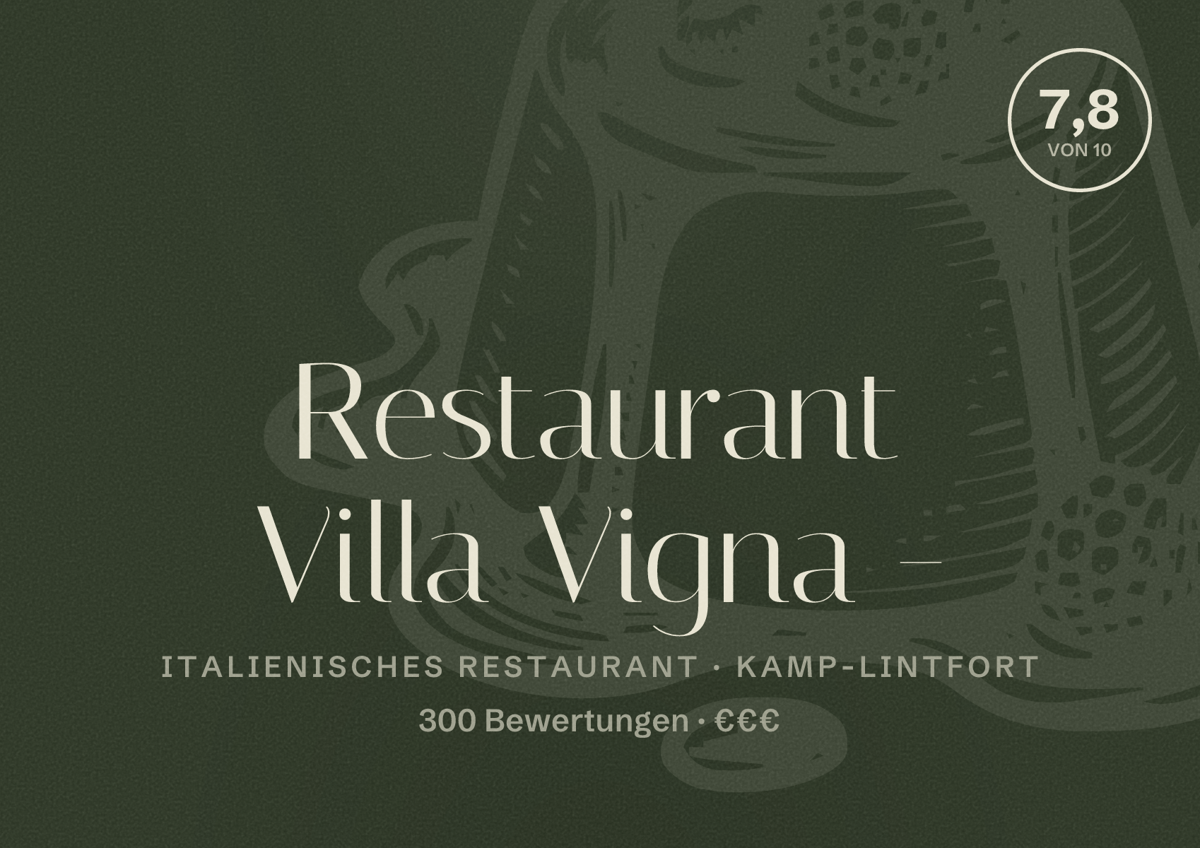 Illustriertes Poster von Restaurant Villa Vigna -, Italienisches Restaurant in Kamp-Lintfort: Bewertung 7,8 von 10 aus 300 Bewertungen, Preisniveau €€€