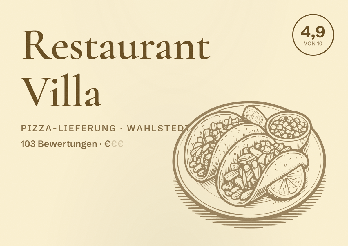 Illustriertes Poster von Restaurant Villa, Pizza-Lieferung in Wahlstedt: Bewertung 4,9 von 10 aus 103 Bewertungen, Preisniveau €