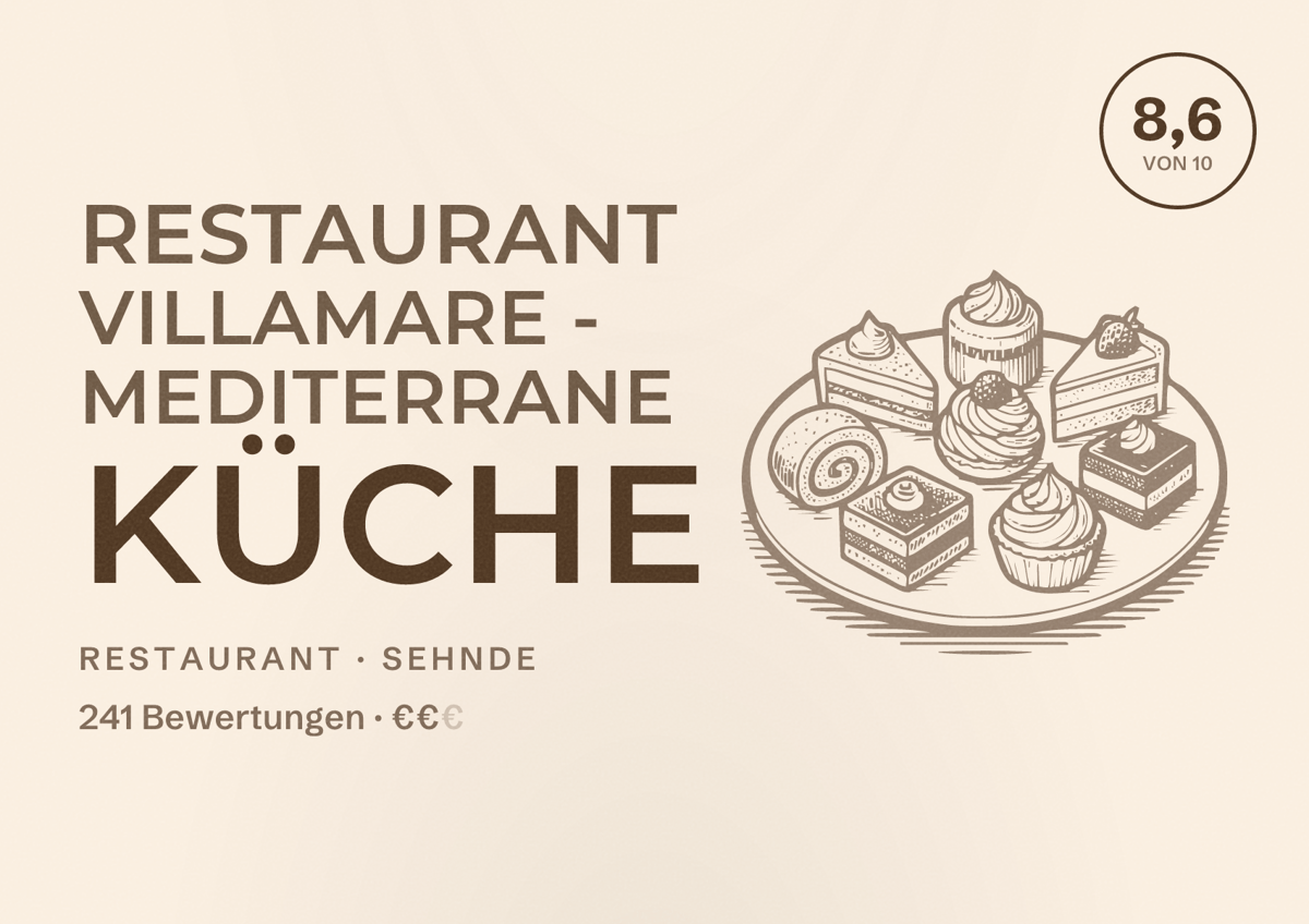 Illustriertes Poster von Restaurant VillaMare - Mediterrane Küche, Restaurant in Sehnde: Bewertung 8,6 von 10 aus 241 Bewertungen, Preisniveau €€